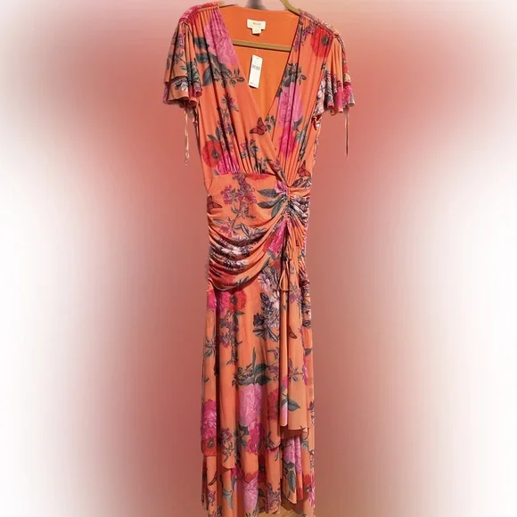 anthropologie pink mesh dress By Anthropologie Long-Sleeve Printed Mesh Midi Dress